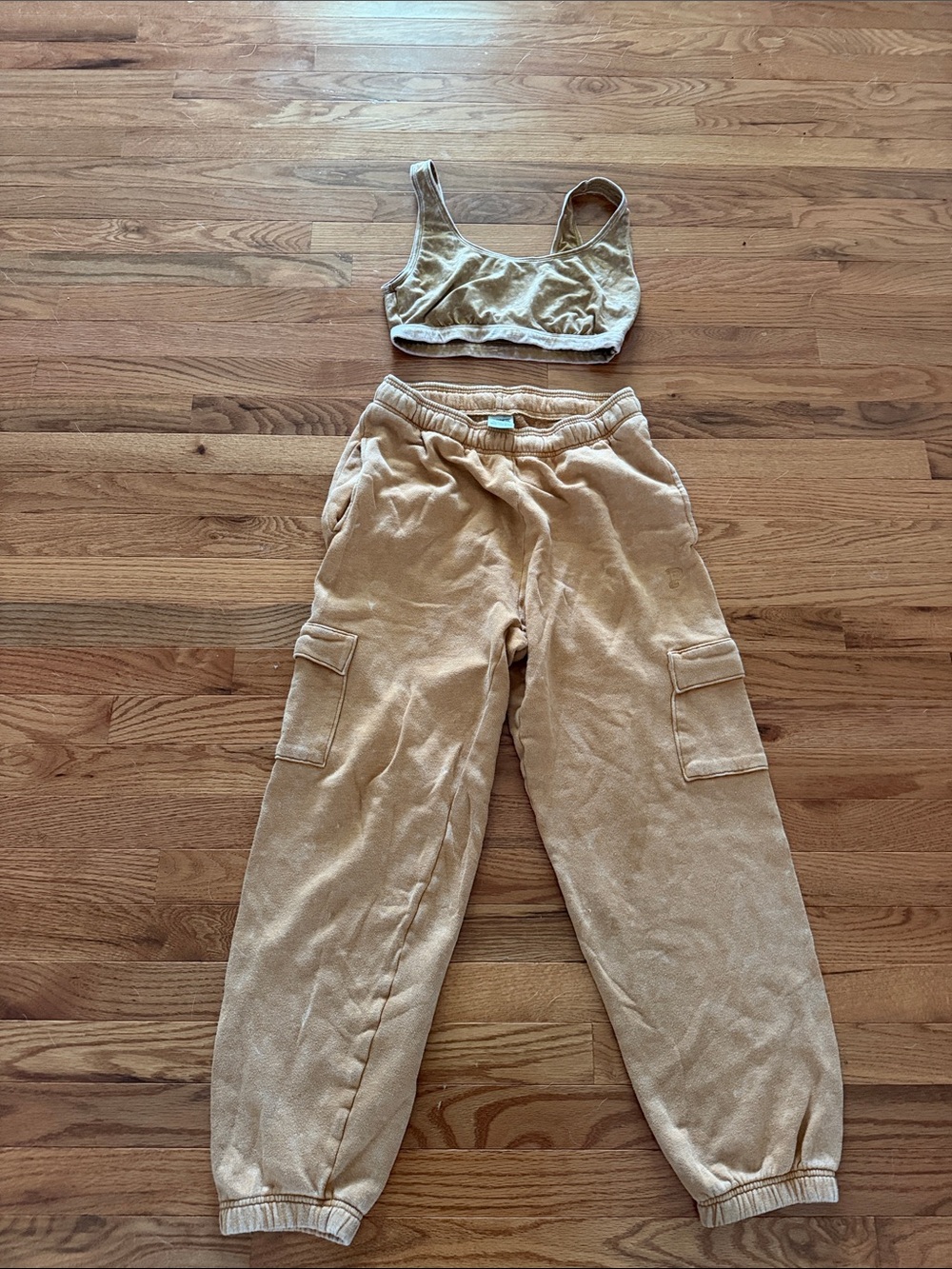 Women’s Cargo Sweatpants and Bralette in Tan, Small Set